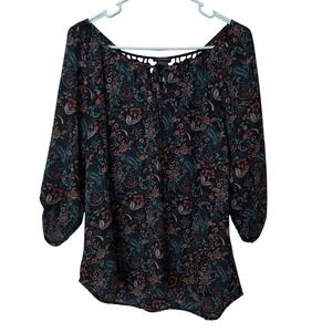 Stoosh Black Floral Paisley Crochet Back Blouse Tie Neck Women's L